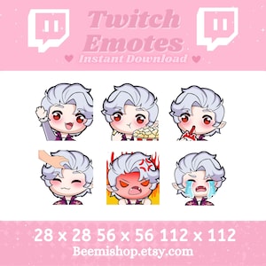 May include: Set of six animated Twitch emotes featuring a cartoon character with white hair, different expressions, and various backgrounds. The emotes are available in three sizes: 28x28, 56x56, and 112x112 pixels.