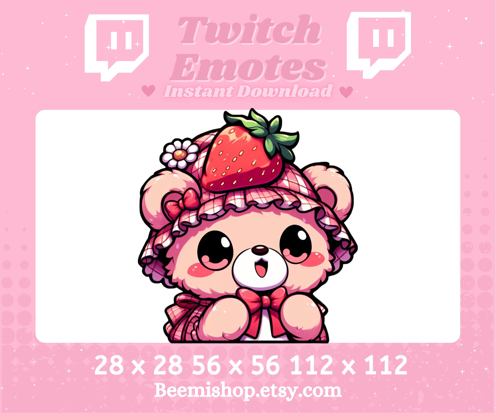 Twitch Discord Emote Cute TeddyBear Strawberry Emotes Hat Happy Flower Server Kawaii Pink Adorable Excited Daisy Hype Stream