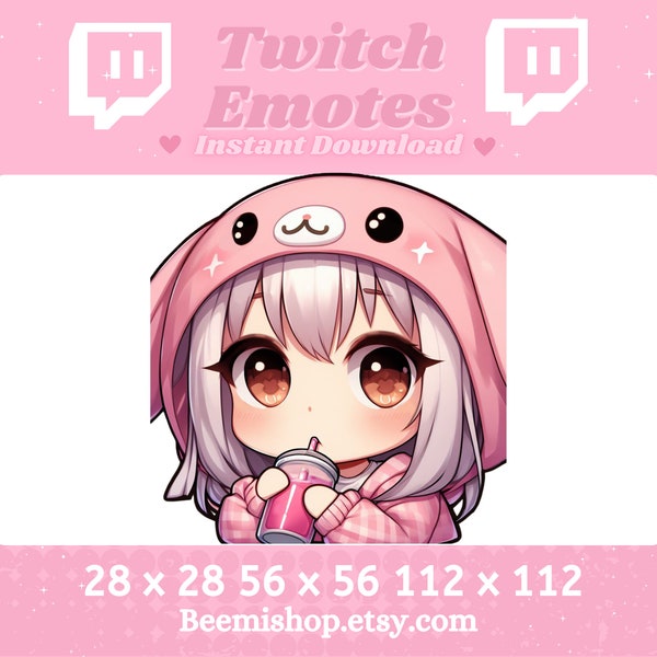 Twitch Discord Emote Cute Chibi Girl Bunny Hoodie White Hair Brown Eyes Drinking Juice Slurp Sip  Kawaii Adorable Youtube Server Stream