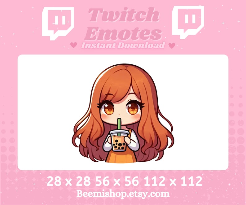 Chibi Ginger Girl Drinking Boba Tea Kawaii Adorable Twitch Discord