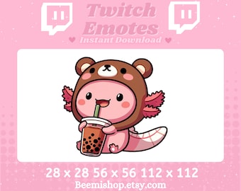 Pink Axolotl Wearing A Brown Teddy Bear Drinking Boba Tea Funny Meme Happy Adorable Twitch Discord Emote Stream Animal Cute Chibi