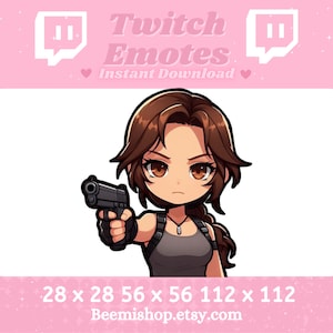May include: A cartoon illustration of a female character with brown hair and brown eyes holding a gun. She is wearing a gray tank top and a necklace. The image is a Twitch emote with the text "Twitch Emotes Instant Download" above the character.