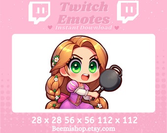 May include: A digital illustration of a cartoon character with long blonde hair, green eyes, and a pink dress, holding a frying pan. The image is labeled "Twitch Emotes Instant Download" with size options.