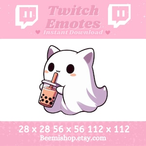 Könnte beinhalten: Ein weißer Geist mit einem süßen Gesicht, der ein braunes Bubble Tea mit Tapiokaperlen hält. Der Geist hat einen rosa Rouge auf den Wangen. Das Bild ist auf einem rosa Hintergrund mit dem Text "Twitch Emotes Sofort-Download" und zwei Twitch-Logos.