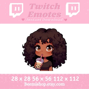 チビ黒人少女がタピオカティーを飲む絵文字 Twitch Discord Youtube ストリーム ストリーミング 巻き毛 茶色い目 愛らしい カワイイ かわいい 飲む すする