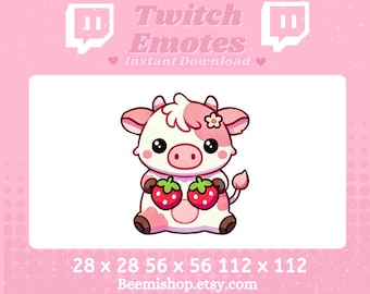 Strawberry Pink Cow Ribbon Kawaii Funny Adorable Twitch Discord Emote Stream Animal Youtube Cute Chibi Fruits Berries Flower