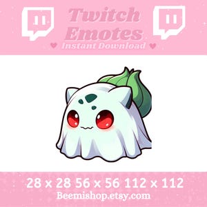 Könnte beinhalten: Ein weißes, geisterhaftes Pokémon mit grünen Haaren und roten Augen. Das Pokémon ist im niedlichen Cartoon-Stil gehalten. Das Bild ist für Twitch-Emotes und enthält den Text "Twitch Emotes Instant Download".
