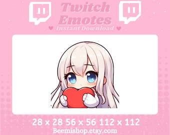 Chibi Girl Love Heart Kawaii Adorable Twitch Discord Emote Stream Youtube Long White Hair Blue Eyes