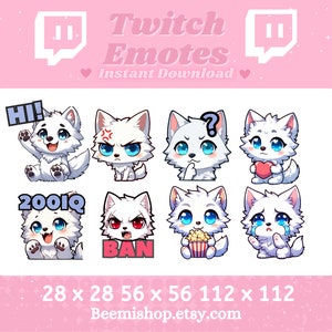 May include: Set of eight white wolf Twitch emotes in various poses and expressions, including "HI!" "2001Q" and "BAN". The emotes are available in three sizes: 28 x 28 pixels, 56 x 56 pixels, and 112 x 112 pixels.