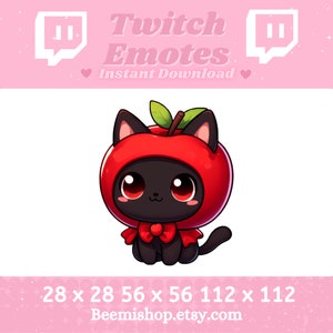 May include: A black cat wearing a red apple costume with a green stem and a red bow. The cat is sitting on a white background. The image is for Twitch emotes and is available in three sizes: 28 x 28, 56 x 56, and 112 x 112 pixels.