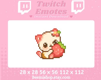 Pixel Strawberry Cat Kitten Animal Twitch Discord Emote Stream Youtube Cute Chibi Kawaii Sweet