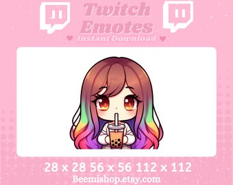 Chibi Girl Drinking Boba Tea Kawaii Adorable Twitch Discord Emote Stream Youtube Long Rainbow Hair Brown Eyes