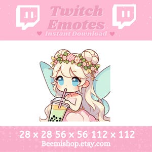 May include: A digital illustration of a fairy with blonde hair, wearing a pink dress and a flower crown, drinking a green bubble tea. The image is available in three sizes: 28x28, 56x56, and 112x112 pixels. The text "Twitch Emotes Instant Download" is also included in the image.