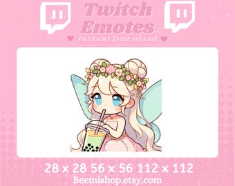 Fairy Girl Drinking Boba Tea Blonde Hair Blue Eyes Wings Kawaii Adorable Anime Twitch Discord Emote Stream  Youtube Cute Chibi