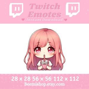 タピオカティーを飲むちびっ子 かわいい 愛らしい Twitch Discord エモート ストリーム Youtube 長いピンクの髪 ピンクの目