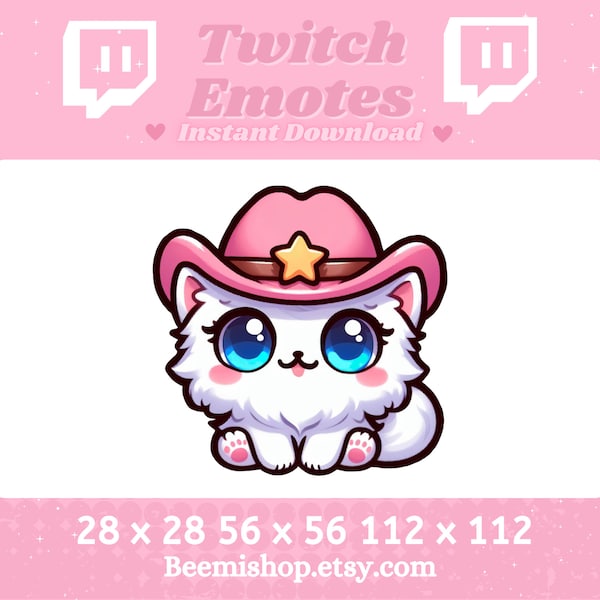 Twitch Emotes Discord Emote White Cat Emotes Fluffy Pink CowBoy Hat Blue Eyes Kawaii Drama Server Youtube Animal Stream Funny