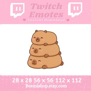 May include: Three brown cartoon animal emotes stacked on top of each other. The emotes have smiling faces and closed eyes. The emotes are available in three sizes: 28 x 28 pixels, 56 x 56 pixels, and 112 x 112 pixels. The text "Twitch Emotes Instant Download" is above the emotes. The text "Beemishop.etsy.com" is below the emotes.