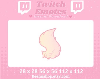 May include: A digital Twitch Emote featuring a stylized, fluffy fox tail in shades of peach and cream. The image is set against a pink background with the text "Twitch Emotes Instant Download". The image dimensions are 28x28, 56x56, and 112x112 pixels.