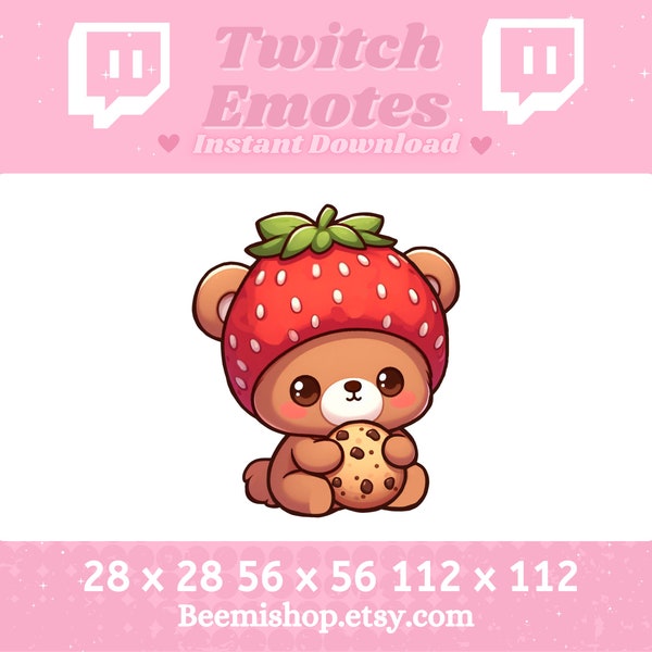 Strawberry Teddy Bear Cute Animal Eating A Cookie Adorable Youtube Server Kawaii Hat Twitch Emotes Discord Emote Brown Bear Fruit