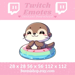 May include: A cute cartoon otter wearing a watermelon-themed inflatable ring. The otter is brown with a light brown belly and has a happy expression. The ring is pink, green, and blue with a watermelon pattern. The image is set against a white background. Twitch Emotes Instant Download.