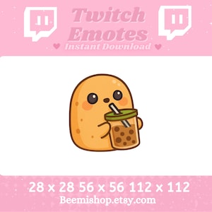 May include: A cartoon illustration of a potato drinking boba tea. The potato is orange and has a cute face. The boba tea is in a clear cup with a green lid and brown boba pearls. The image is available in four sizes: 28 x 28, 56 x 56, 112 x 112. The text "Twitch Emotes Instant Download" is at the top of the image.