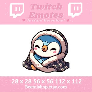 Peut inclure: Un personnage de dessin animé de pingouin bleu et blanc portant une couverture en plaid noir et blanc avec une bordure en fourrure blanche. Le personnage sourit et a les yeux fermés. L'image est une illustration numérique et est disponible en trois tailles : 28 x 28, 56 x 56 et 112 x 112 pixels. Le texte « Twitch Emotes Instant Download » est également inclus dans l'image.