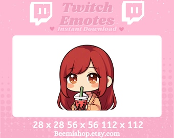Chibi Dziewczyna Pijąca Herbatę Boba Kawaii Uroczy Twitch Discord Emote Stream Youtube Długie Rude Włosy Brązowe Oczy