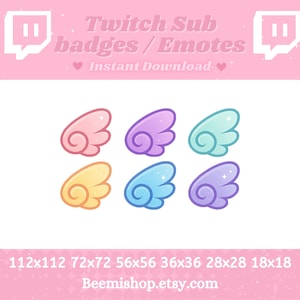 Op de afbeelding: Zes kleurrijke cartoon-engelvleugels in verschillende maten, waaronder 112x112, 72x72, 56x56, 36x36, 28x28 en 18x18 pixels. De vleugels zijn roze, paars, blauw, geel en lichtpaars. De tekst "Twitch Sub badges / Emotes" en "Direct downloaden" is ook inbegrepen.