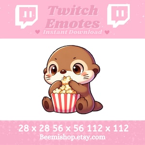 May include: A cartoon otter wearing a brown fur coat is sitting and eating popcorn from a red and white striped bucket. The otter has big brown eyes and a cute expression. The image is a Twitch emote.