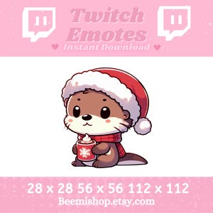 May include: A cartoon otter wearing a red and white Santa hat and scarf, holding a cup of hot chocolate with whipped cream and a snowflake design. The otter is sitting on a white background. The image is available in three sizes: 28 x 28 pixels, 56 x 56 pixels, and 112 x 112 pixels.