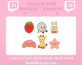 Animal Dessert Special Edition Sub Badges Strawberry Cat Bunny Star Croissant Giraffe Disco Ball Pack Bundle Server Twitch Discord Emotes