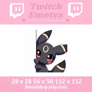 Puede incluir: Personaje Pokémon negro y amarillo asomándose desde detrás de un fondo blanco. El personaje tiene ojos rojos y un anillo negro alrededor del cuello. La imagen incluye el texto "Twitch Emotes Instant Download" y los tamaños "28 x 28 56 x 56 112 x 112".