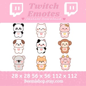 May include: A set of nine Twitch emotes featuring cute cartoon animals with hearts. The emotes are available in three sizes: 28x28, 56x56, and 112x112 pixels. The emotes include a panda, cat, pig, dog, cow, monkey, koala, fox, and deer.