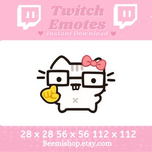 May include: A white cat with pink bow and glasses, wearing a yellow finger puppet, is pointing with its right paw. The cat is looking to the right. The image is for a Twitch emote. The text "Twitch Emotes Instant Download" is above the cat. The text "28 x 28 56 x 56 112 x 112 Beemishop.etsy.com" is below the cat.