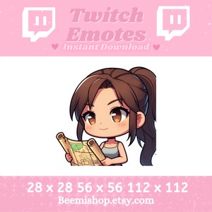 Lara Croft Tomb Raider tenant une carte au trésor Kawaii Cute Chibi Movie Jeux vidéo Girl Movie Twitch Discord Emotes