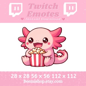 Cute Pink Axolotl Eating Popcorn Happy Kawaii Adorable Youtube Server Comfy Twitch Discord Emote Emotes Animal Stream