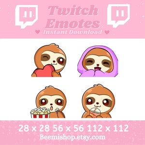 Könnte beinhalten: Vier Twitch-Emojis mit einem Cartoon-Faultier in verschiedenen Posen. Das Faultier ist braun mit einer rosa Nase und großen Augen. Die Emojis sind 28x28, 56x56 und 112x112 Pixel groß. Die Emojis sind zum sofortigen Download auf Beemisshop.etsy.com verfügbar.