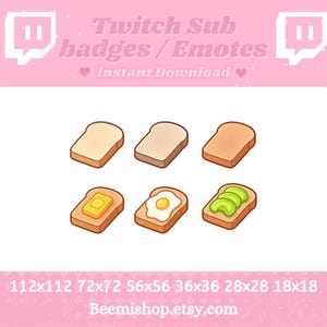Könnte beinhalten: Satz von sechs Twitch-Abo-Badges mit verschiedenen Toastvarianten, darunter Natur, gebuttert, Avocado und Ei. Die Badges sind in verschiedenen Größen erhältlich, von 112x112 Pixel bis 18x18 Pixel. Der Text "Twitch Sub badges / Emotes" und "Sofortiger Download" ist ebenfalls im Bild enthalten.