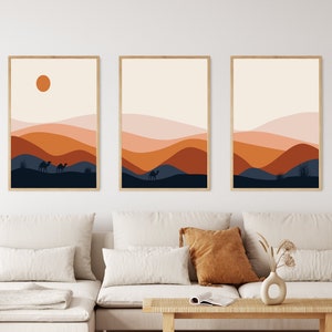 Set of 3 Navy Blue and Orange Wall Art, Minimalist Landscape Digital Print, Modern Desert Art Print, Minimalist Living Room Wall Décor