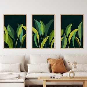 Set of 3 Green Banana Leaves Wall Art, Printable Botanical Leaves Art, Floral Leaf Prints, Living Room Posters, Printable Modern Art