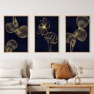 Set of 3 Navy Blue and Gold Wall Art, Printable Botanical Leaves Art, Floral Leaf Prints, Living Room Posters, Printable Modern Art