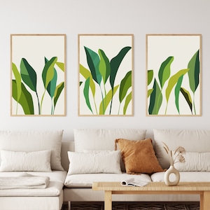 Set of 3 Green Banana Leaves Wall Art, Printable Botanical Leaves Art, Floral Leaf Prints, Living Room Posters, Printable Modern Art
