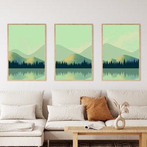 Set of 3 Sage Green Wall Art, Minimalist Mountain Landscape Print, Studio Wall Art, Modern Nature Art Print, Living Room Wall Décor