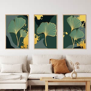 Set of 3 Green and Gold Wall Art, Printable Botanical Leaves Art, Floral Leaf Prints, Living Room Posters, Printable Modern Art