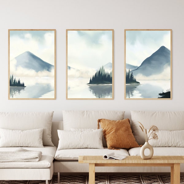 Set of 3 Navy Blue Wall Art, Minimalist Landscape Digital Print, Dreamy Mountain Nature Art Print, Minimalist Living Room Wall Décor