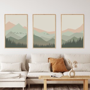 Set of 3 Green Wall Art, Minimalist Mountain Landscape Print, Studio Wall Art, Modern Nature Art Print, Minimalist Living Room Wall Décor