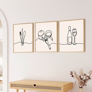 Set of 3 Line Drawing Printable Kitchen Decor, Kitchen Wall Art, Dining Room Print, Housewarming Gift, Kitchen Line Art, Minimalist Wall Art