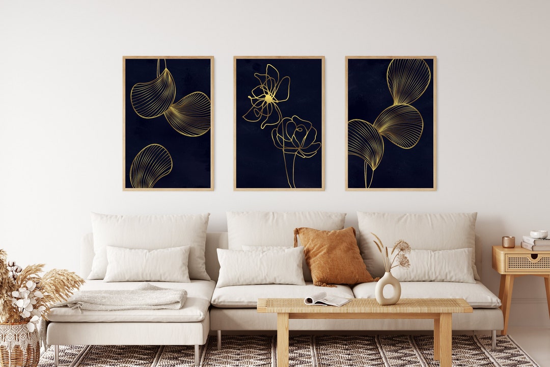 Set of 3 Navy Blue and Gold Wall Art, Printable Botanical Leaves Art ...