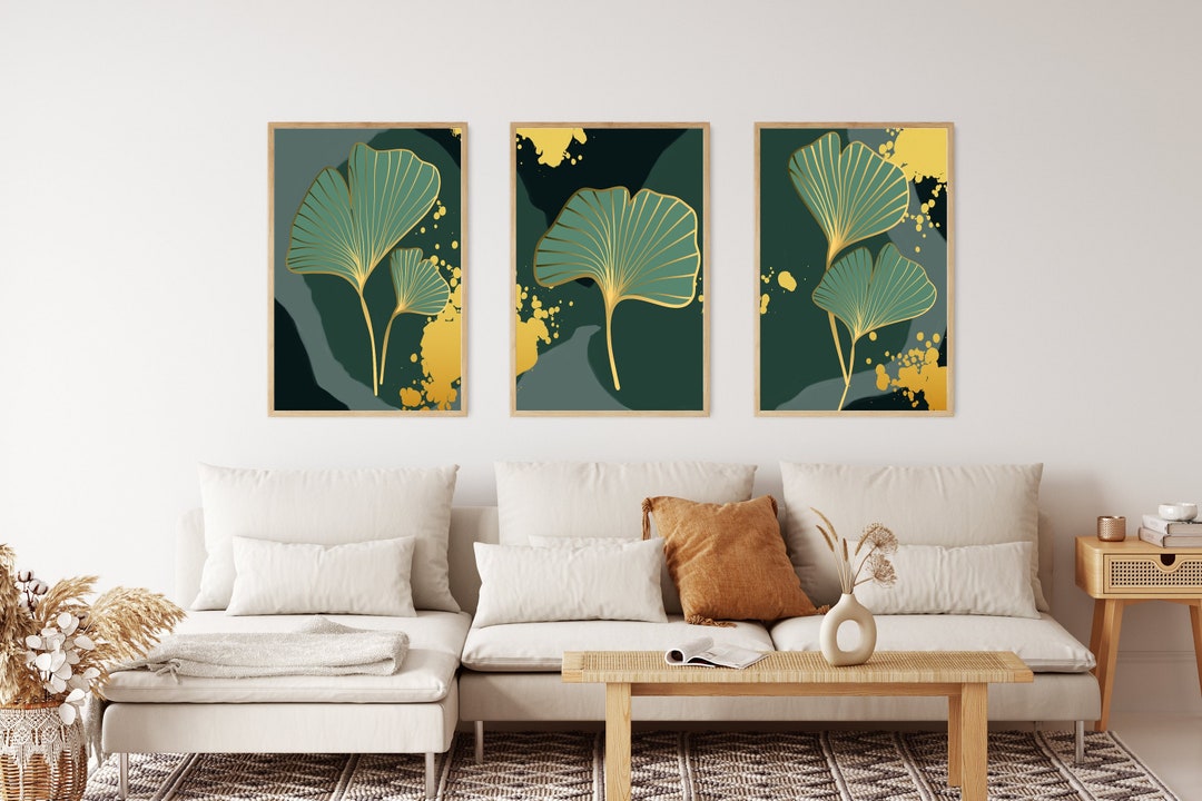 Set of 3 Green and Gold Wall Art, Printable Botanical Leaves Art ...