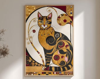 ジクレー版画とキャンバス、「金の猫」、オリジナルの猫のアート、金の